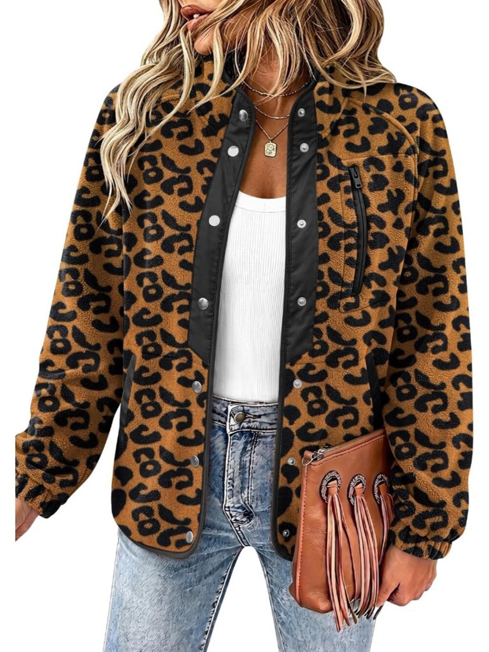 Women's Leopard Fleece Jacket Western Aztec Print Snap Button Down Outerwear